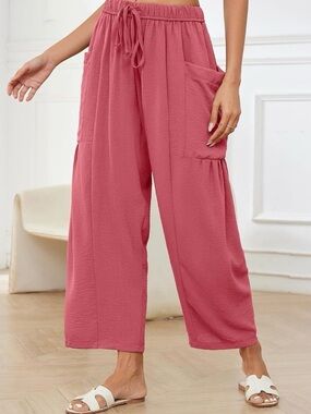 3X Oversized Casual Drawstring Ankle Pants in Coral Pink